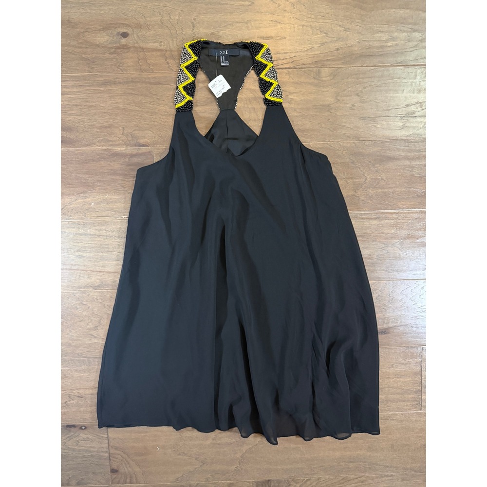 NWT XXI Forever 21 Black Beaded Halter Mini‎ Dress Yellow Racerback Medium